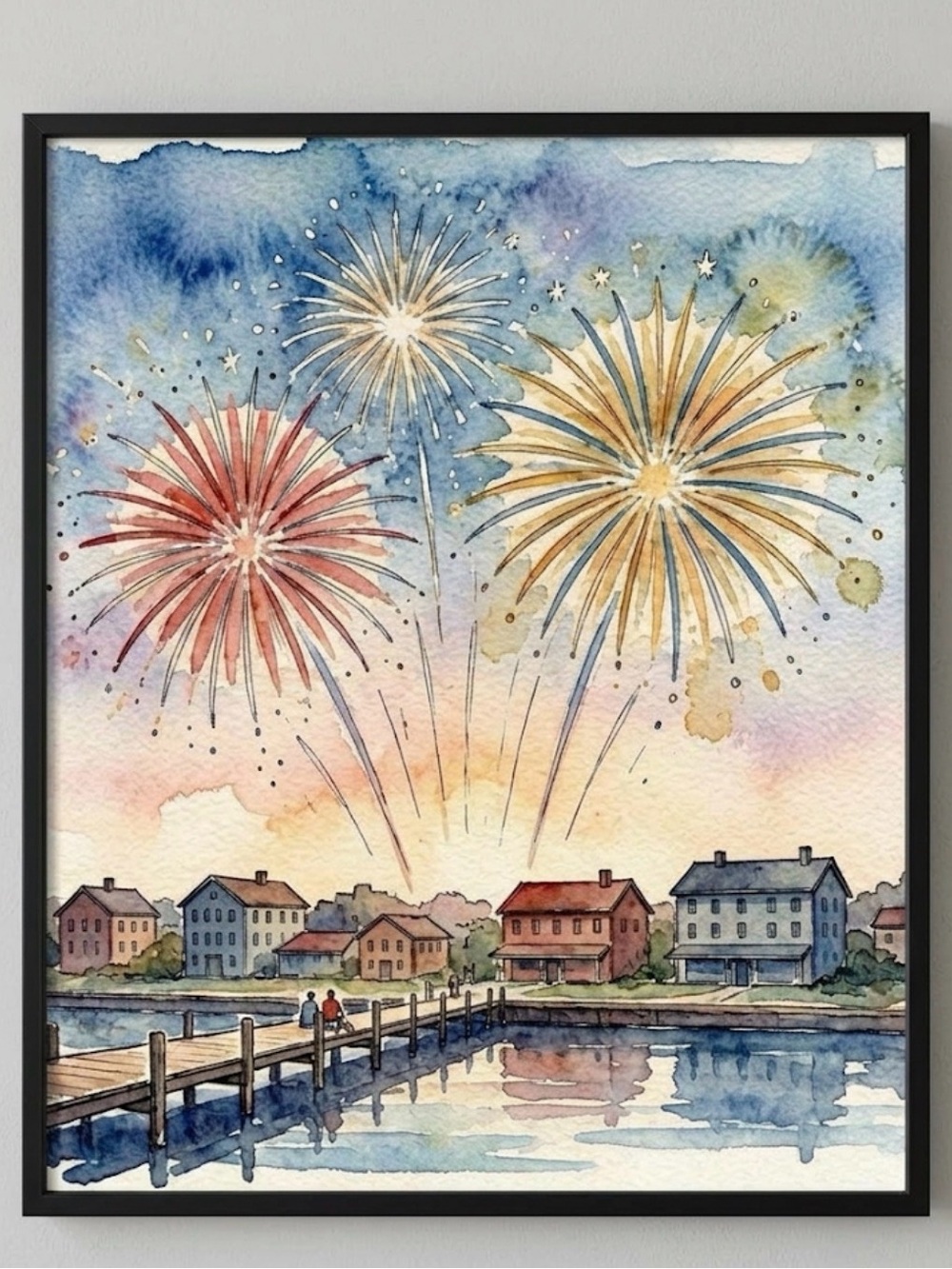 Framed 4th of July Fireworks Watercolor Art Print - Coastal Harbor 8x10